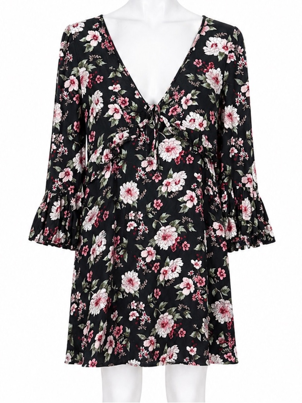 American eagle Floral V-Neck Babydoll Dress in Black and Pink size xs